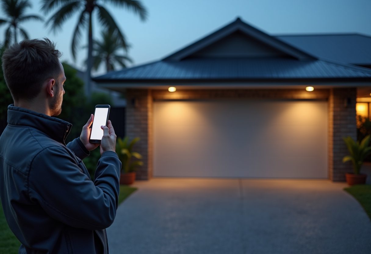 Smart garage door opener installation at dusk — West End